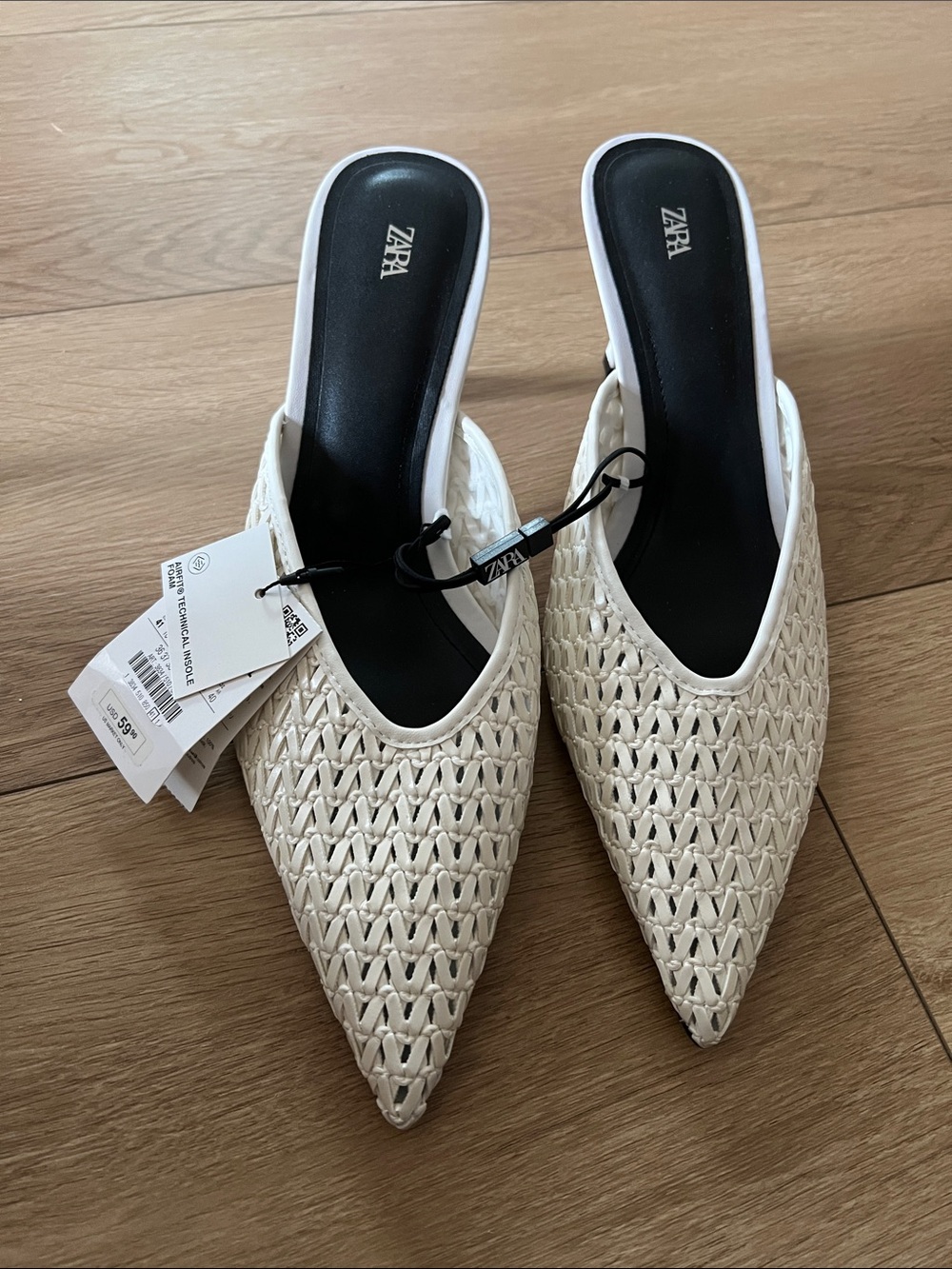 Zara Cream Woven Pointed-Toe Slip-On Mule